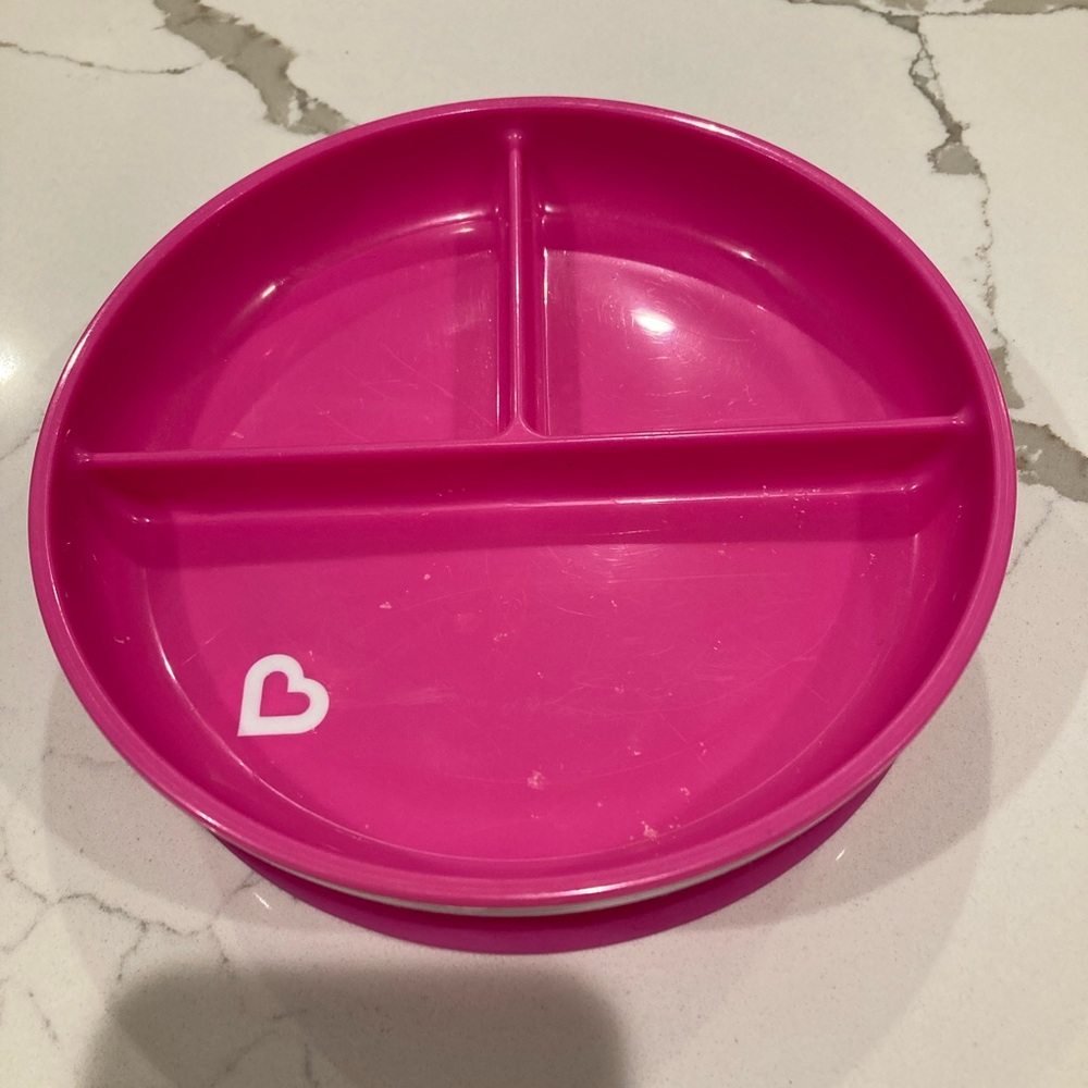 Munchkin stay put suction plate toddler pink white section divided tray plastic